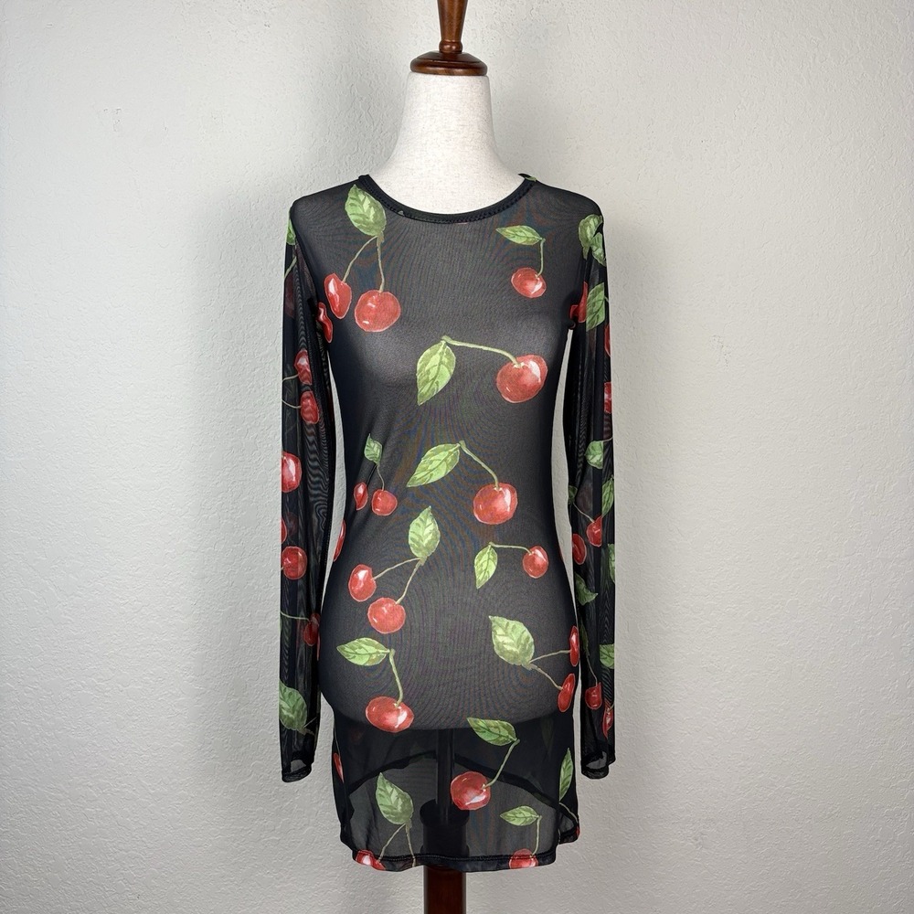 Omighty XS Sheer Dress Cherry Print Mesh Mini Bodycon Y2k Goth Retro Emo Punk